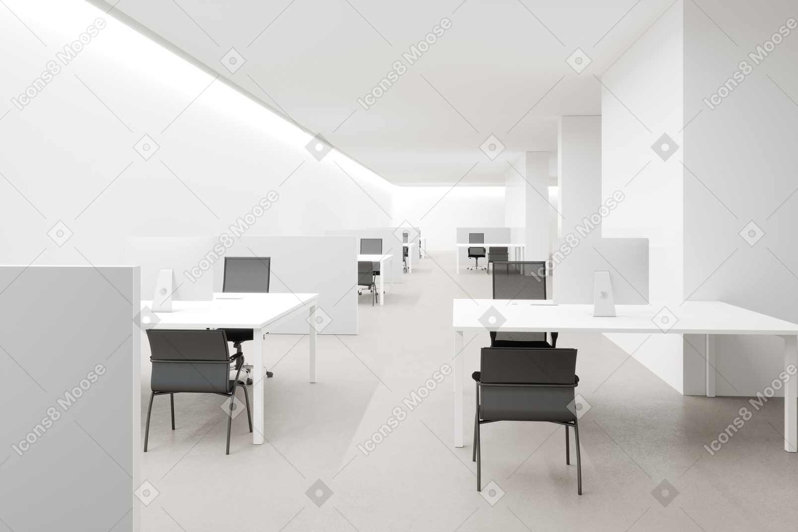 A clean white room for office workers, with cold lighting and computer desks in a row