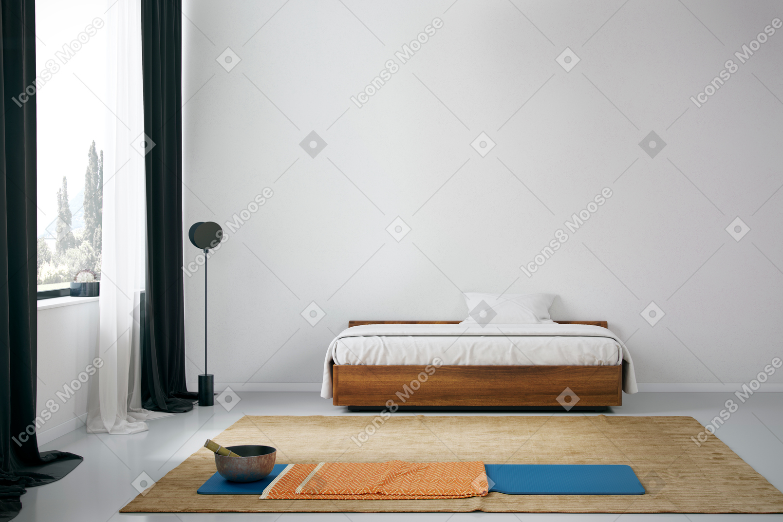 Camera da letto minimalista con tappetino per esercizi e mortaio e pestello