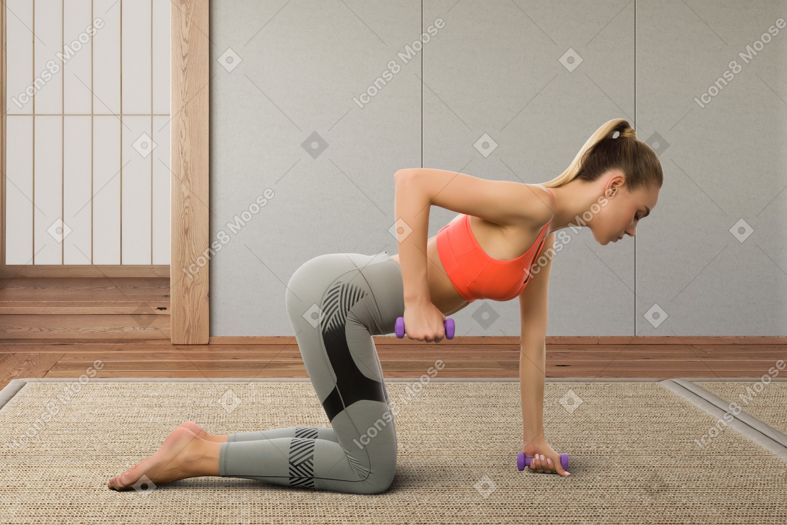 Woman in a sports bra top and leggings training with dumbbells
