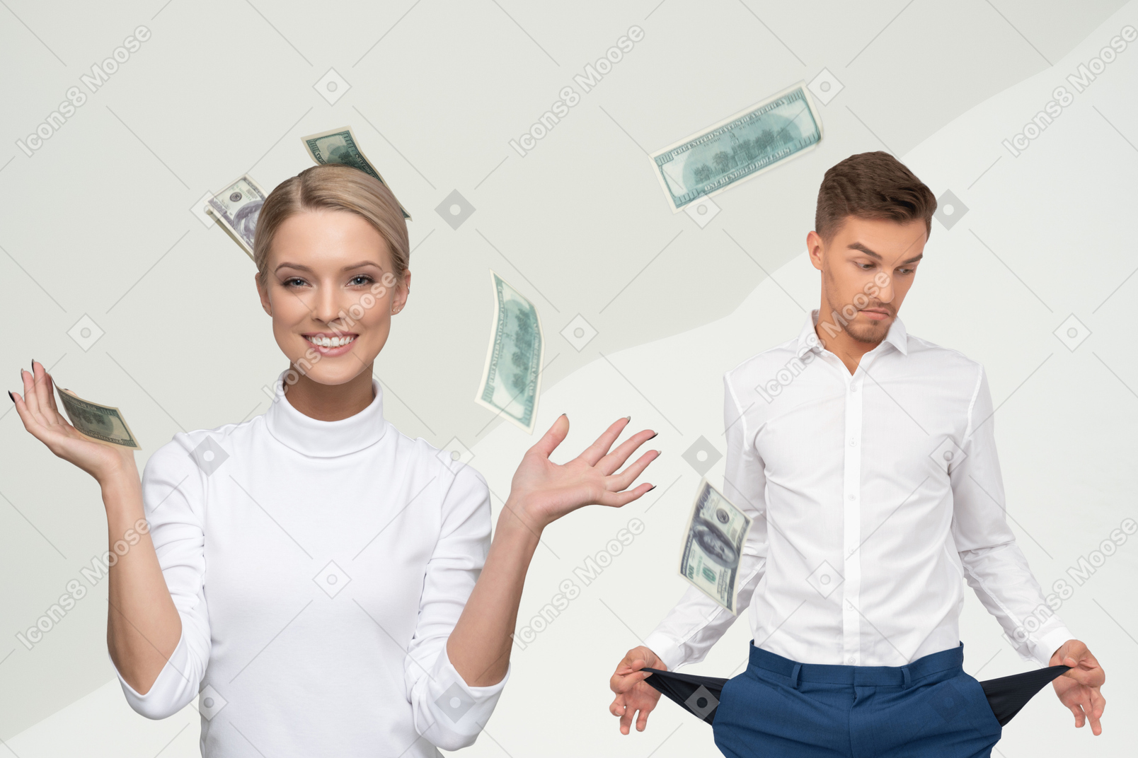Smiling woman throwing money bills and man showing empty pockets