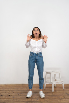 Shocked woman in white shirt and jeans