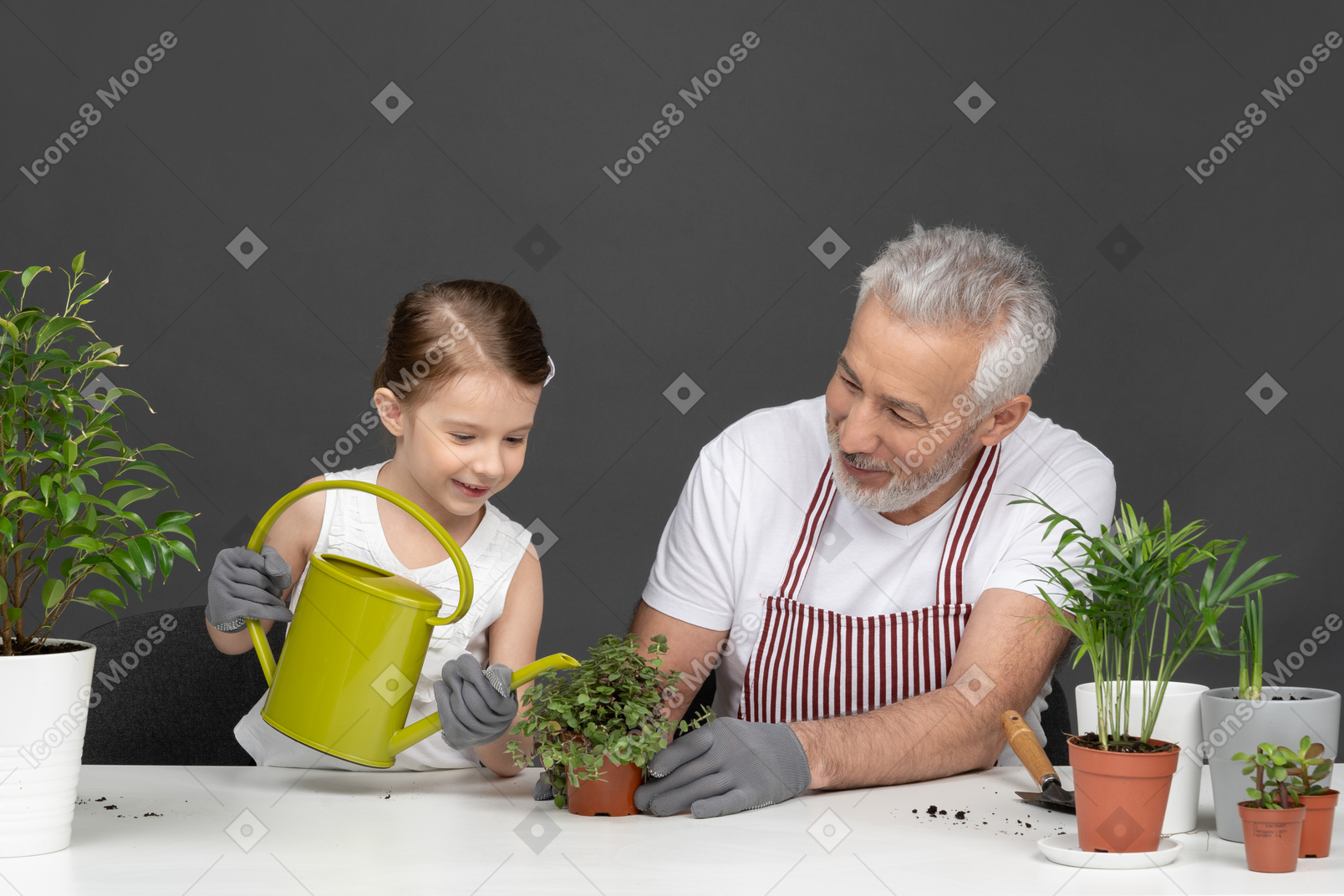 Uma menina regando uma planta