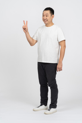 Three-quarter view of a happy man showing v sign