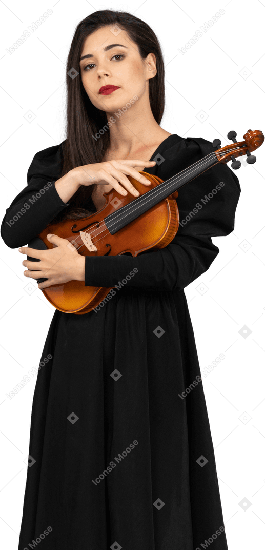 Front view of a young lady in black dress holding the violin
