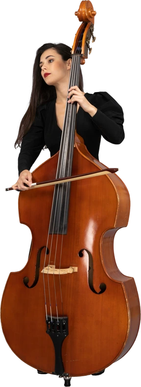 Front view of a young woman in black dress playing the double-bass with a bow