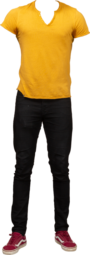 Yellow v-neck t-shirt and black jeans