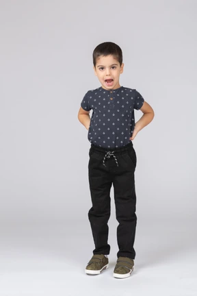 Front view of an angry boy standing with hands on back and looking at camera