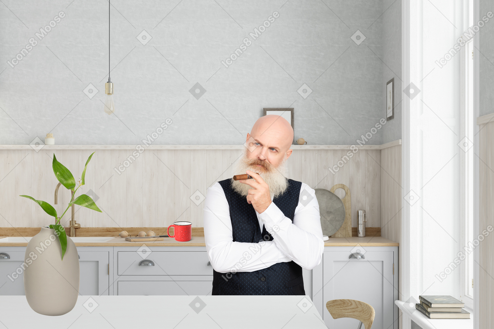 A man standing in a kitchen with a cup of coffee