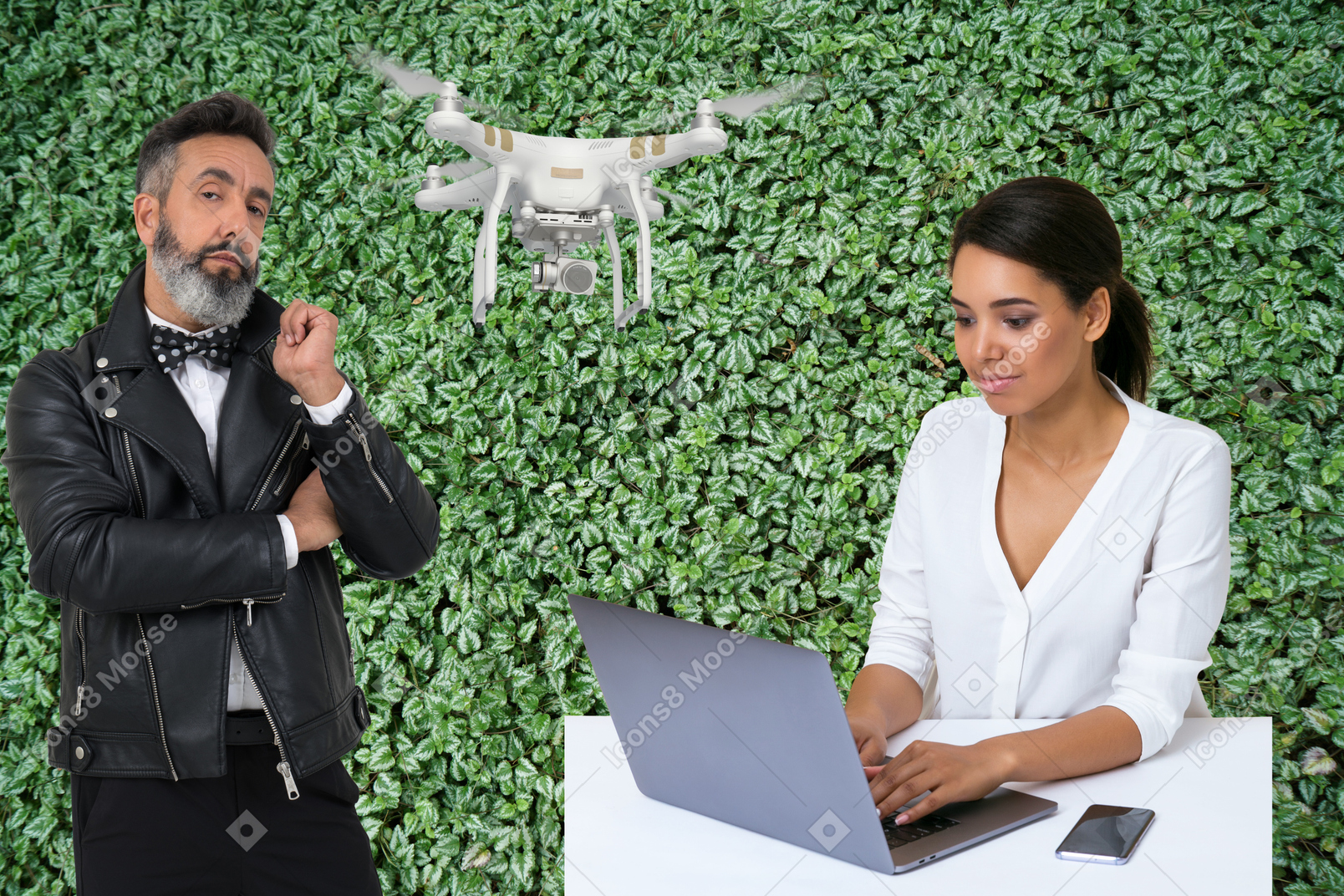 Man with a delivery drone next to a woman working