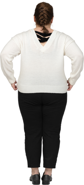 Rear view of a plus size woman in casual clothes posing