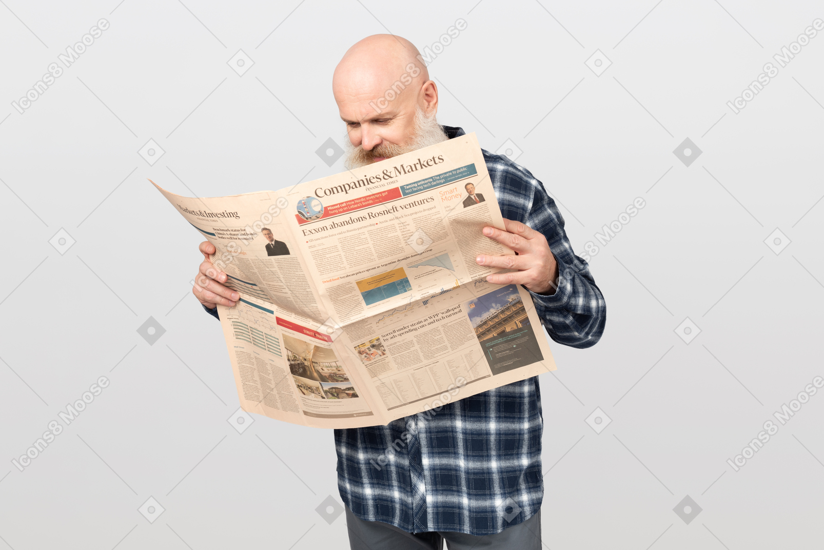 Homem barbudo lendo um jornal
