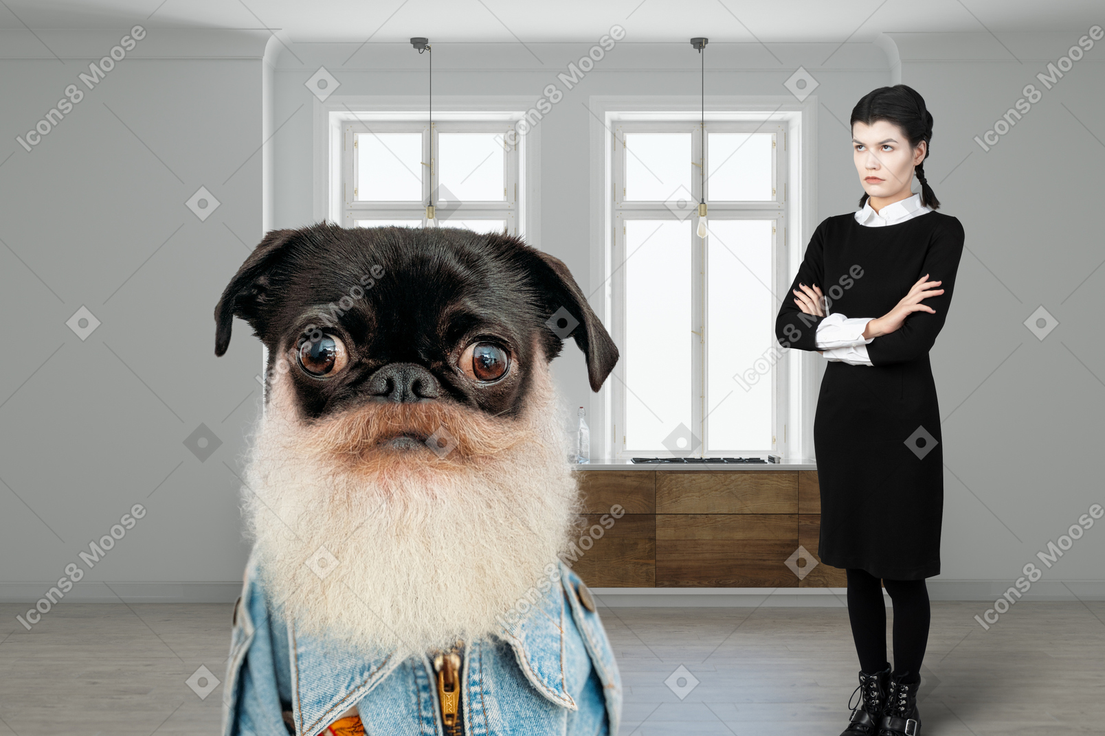 A man and a woman standing next to a dog