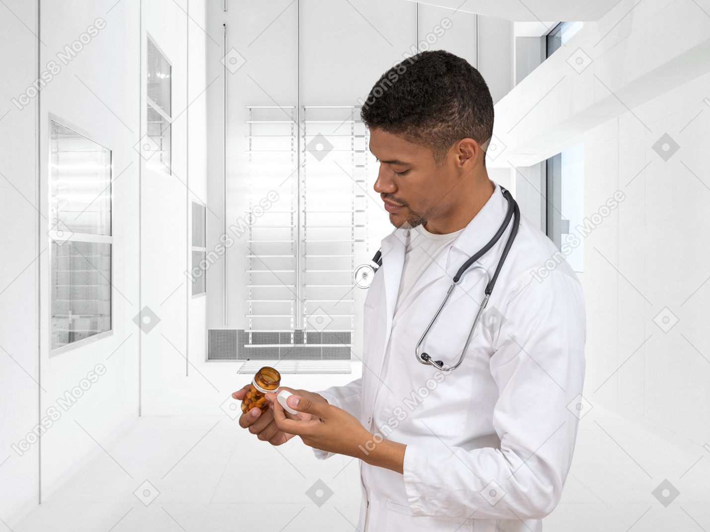 A male doctor in a white lab coat is holding a pill
