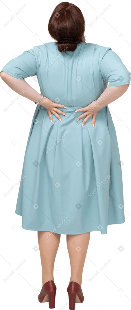 허리 통증으로 고통받는 파란 드레스를 입은 여성의 뒷모습
