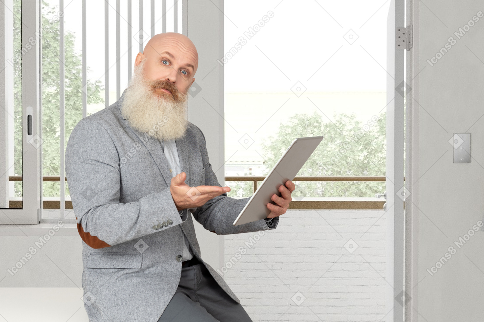 A bald man in a suit holding a tablet