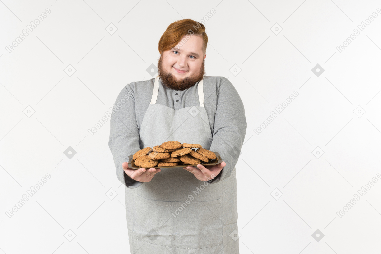 A smiling fat baker offering cookies