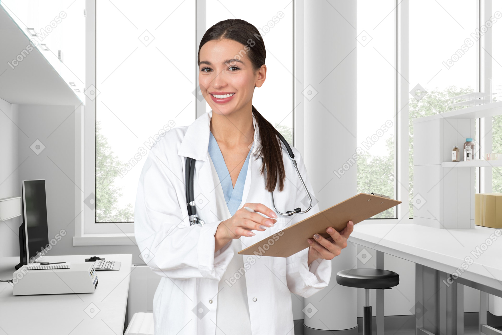 Standing in the office smiling female doctor holding folder