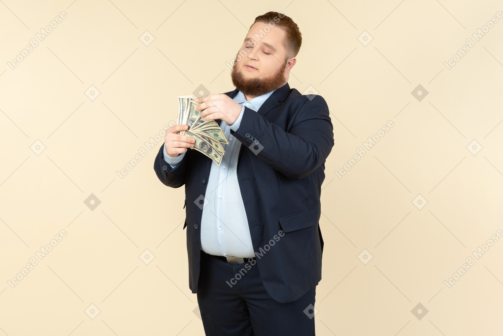 A plus-size man in a black costume with dollar bills in his hands
