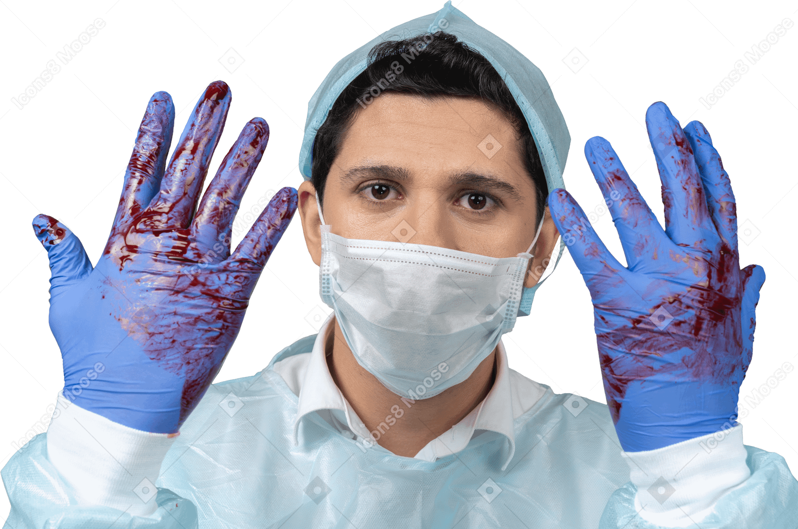 Doctor con guantes cubiertos de sangre