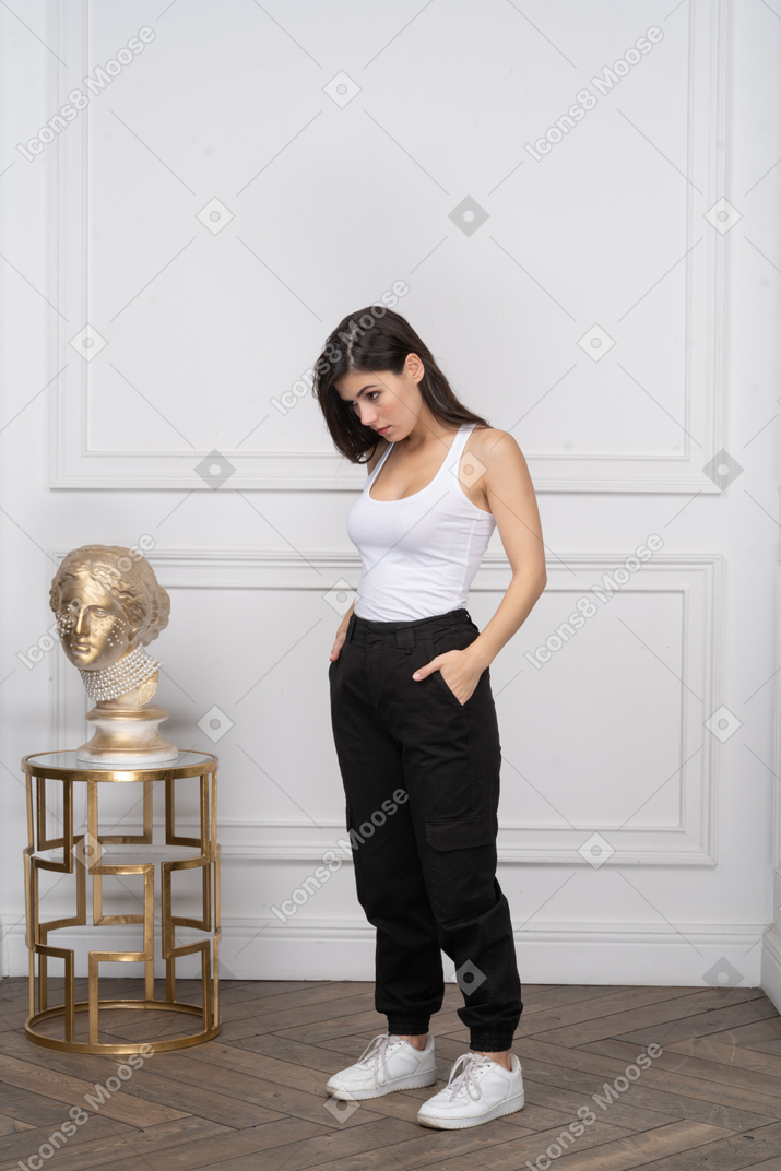 Woman looking serious with her head down