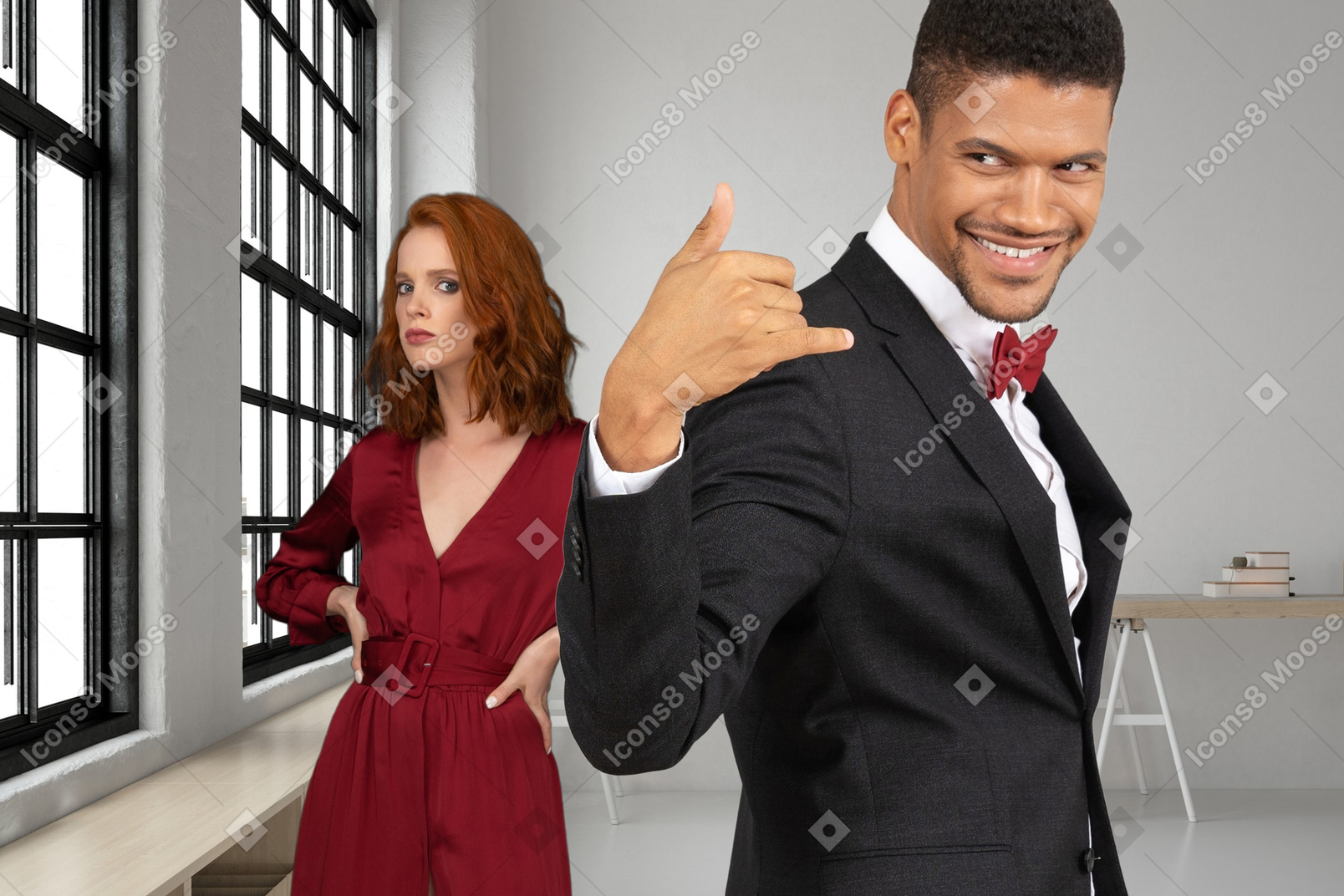 A woman suspicious of a man making a "call me" gesture
