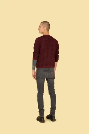 Back view of a young man in a red sweater looking aside