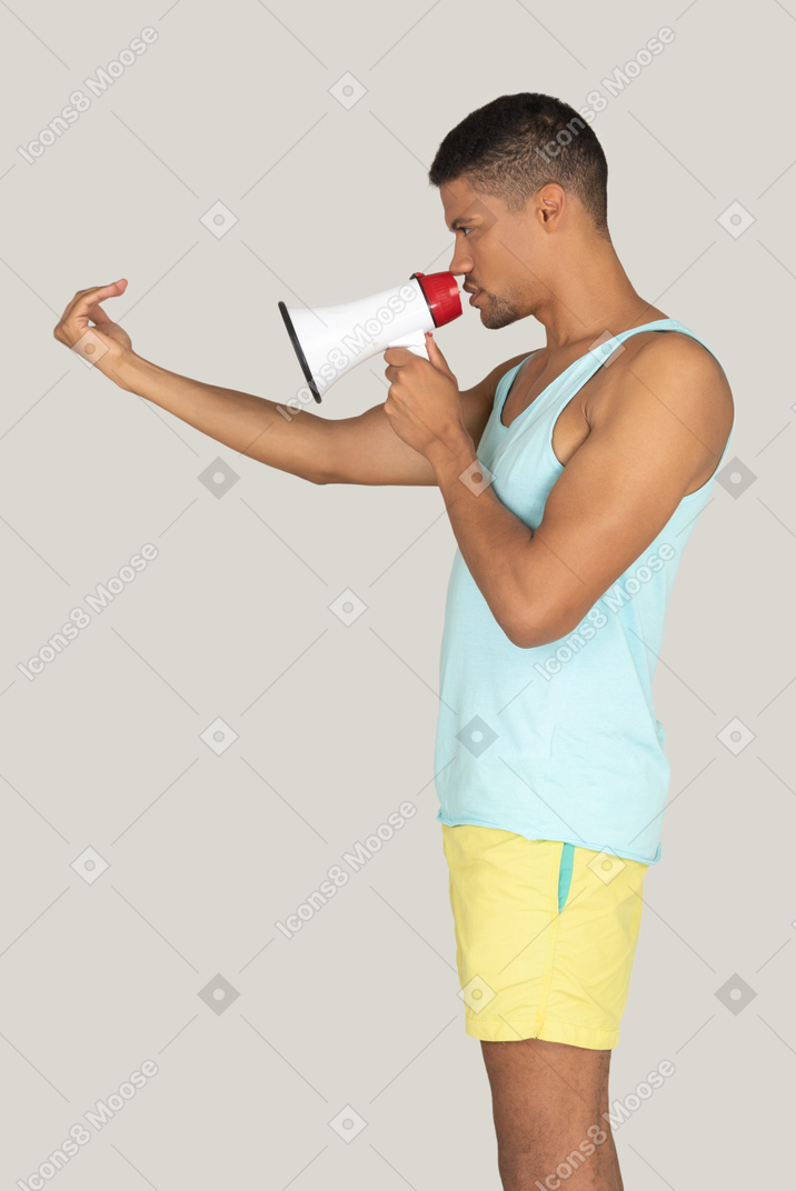 Man with megaphone gesturing to come closer