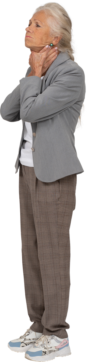 Side view of an old lady in suit chocking herself