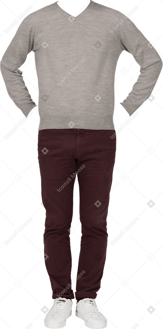 Sudadera gris con cuello en v y pantalones marrones