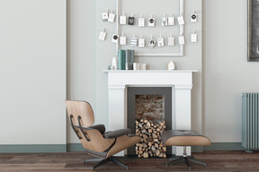 Cozy room with christmas cards hanging over the fireplace