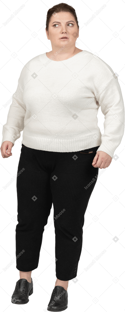Surprised plus size woman in casual clothes standing