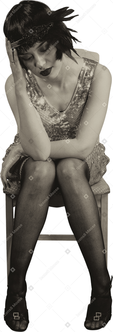 Black and white portrait of a cheerless vintage style female