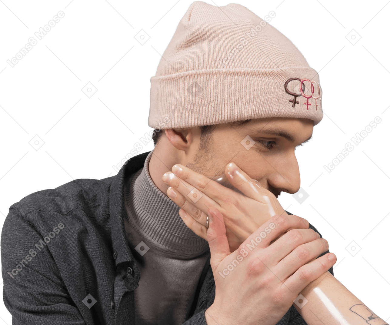 Male model in pink hat touched by female hand