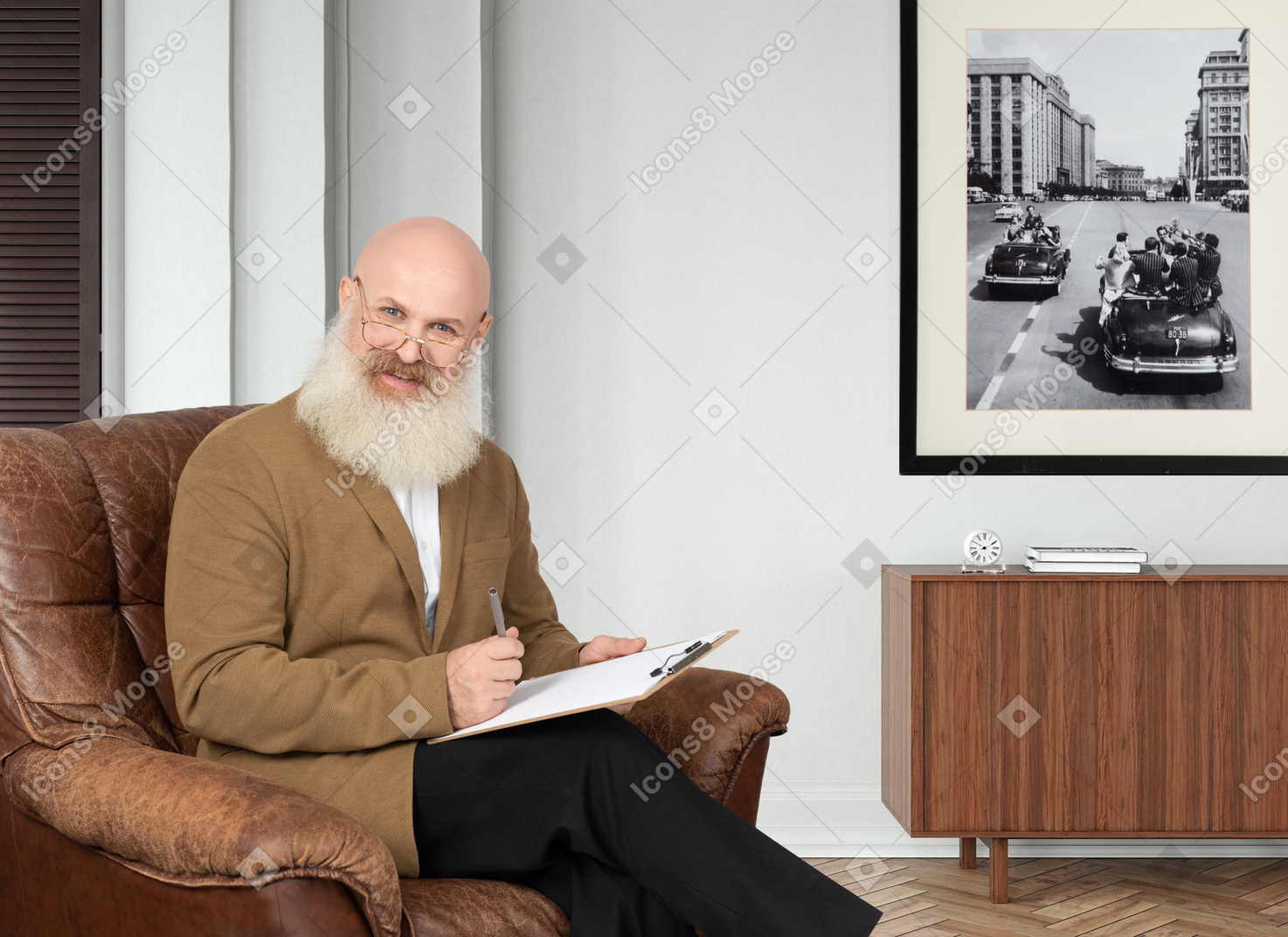 An old man with clipboard sitting in a chair
