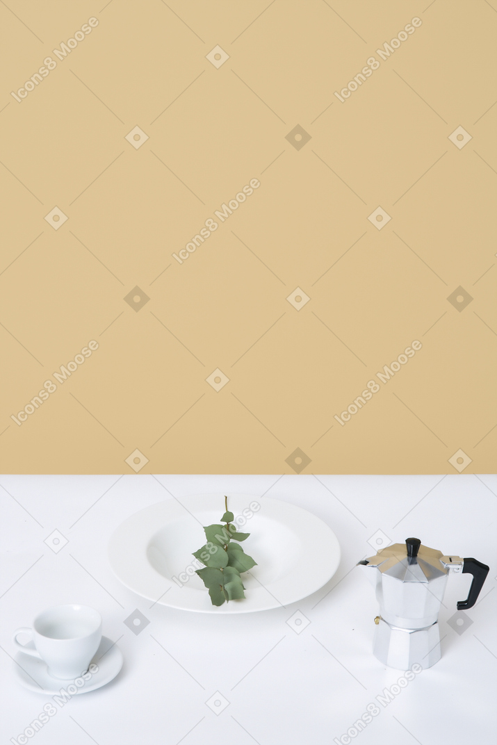 Cafeteira do vintage, jogo de café branco e alguma planta em uma placa