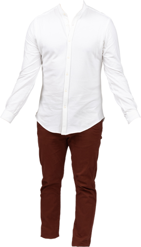 White mandarin shirt and brown pants