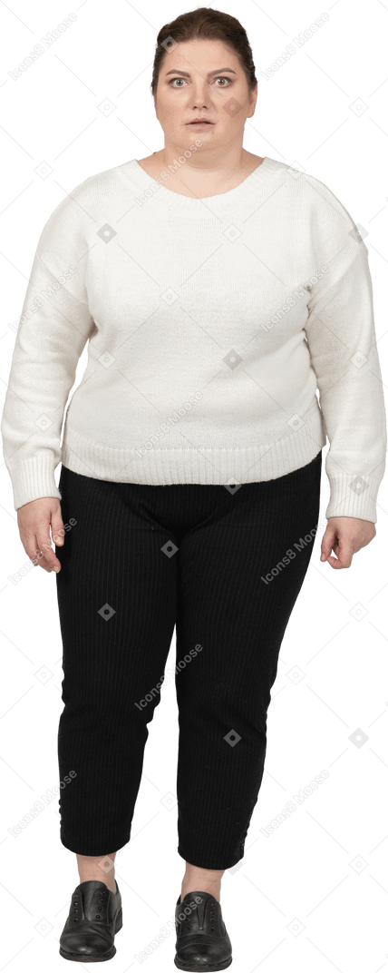Extremely surprised plump woman looking at camera