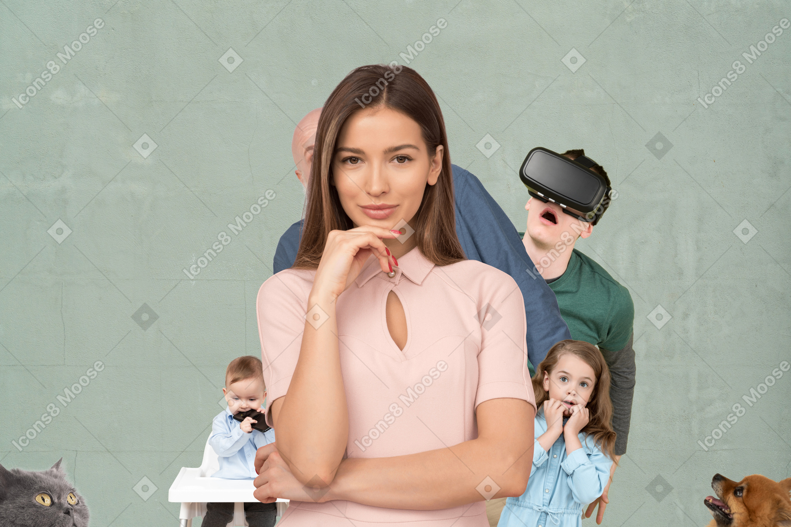 Un homme, une petite fille et un adolescent avec des lunettes de réalité virtuelle se cachent derrière une belle femme souriante, un chat et un chien spitz qui la regardent d'un côté et un petit garçon