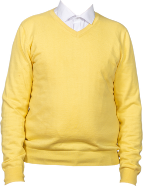 白い襟付きの黄色いスウェットシャツ