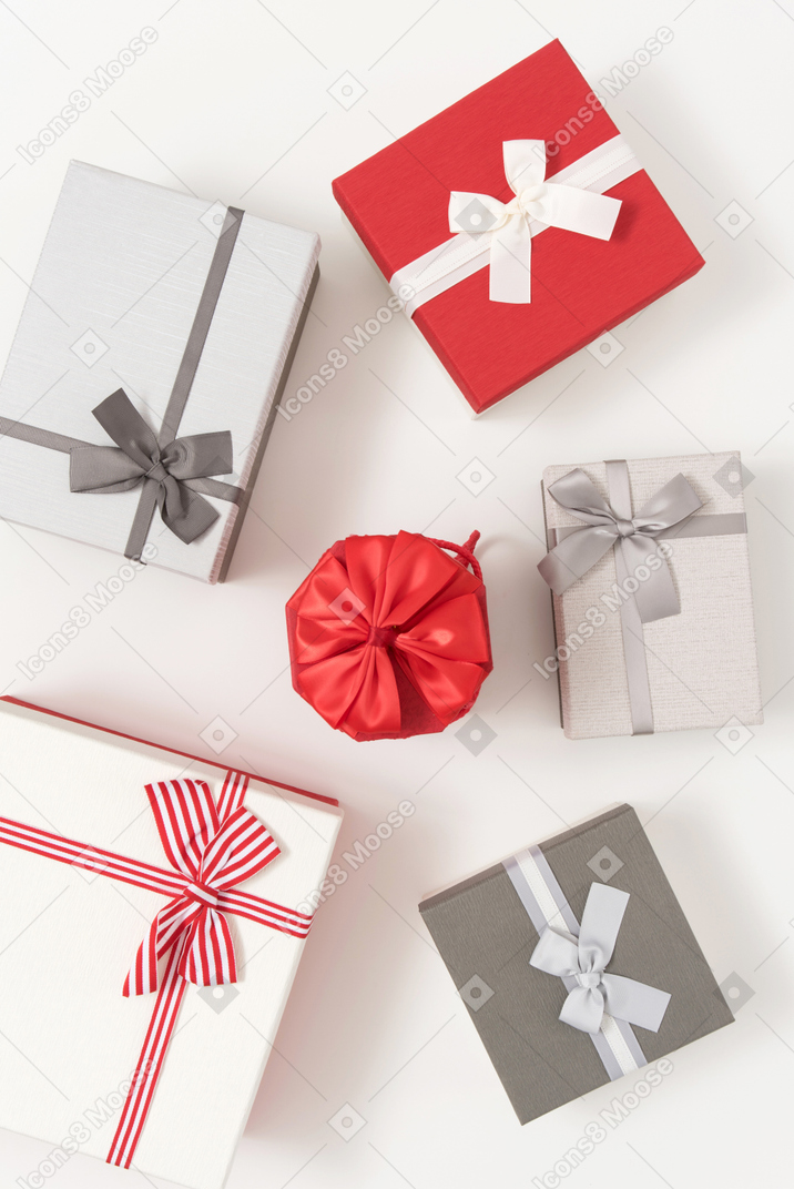 Christmas gift boxes of different shapes and colors