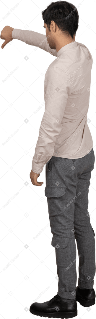 Man in shirt showing thumb down