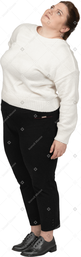 Plump woman in casual clothes suffering from pain in lower back