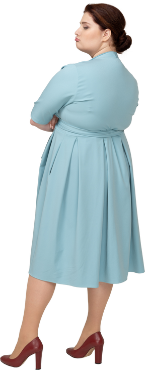 Вид сзади женщины в синем платье, стоящей со скрещенными руками