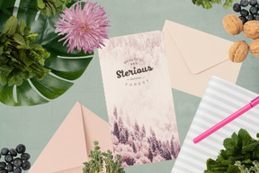 Stationery and plants flat lay