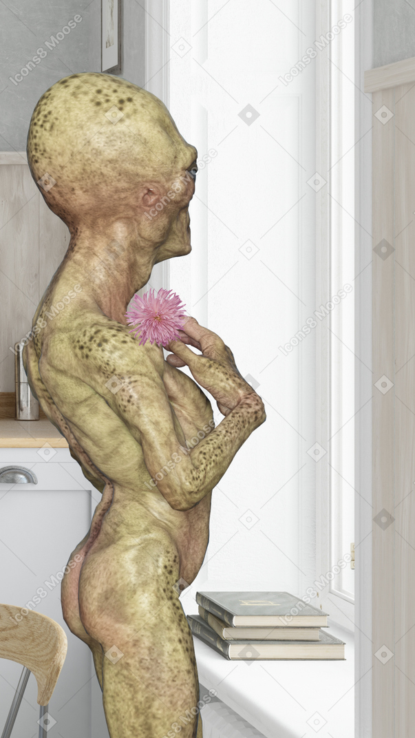 Alien holding a flower and looking out of the window