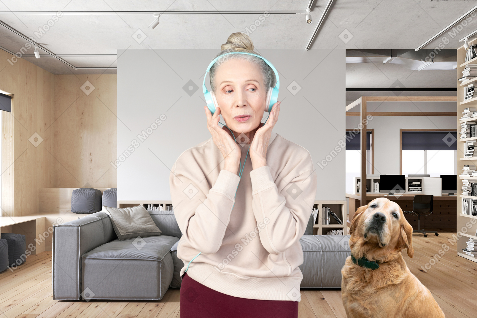A woman with headphones on standing next to a dog