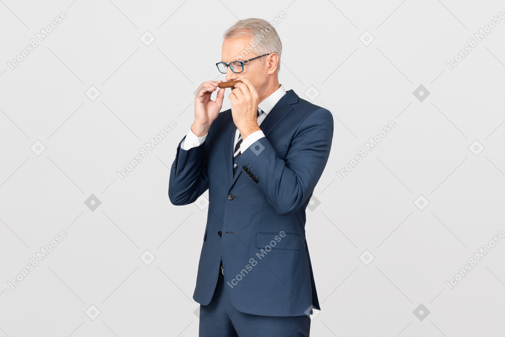 Handsome middle aged man with a cigar having a conversation