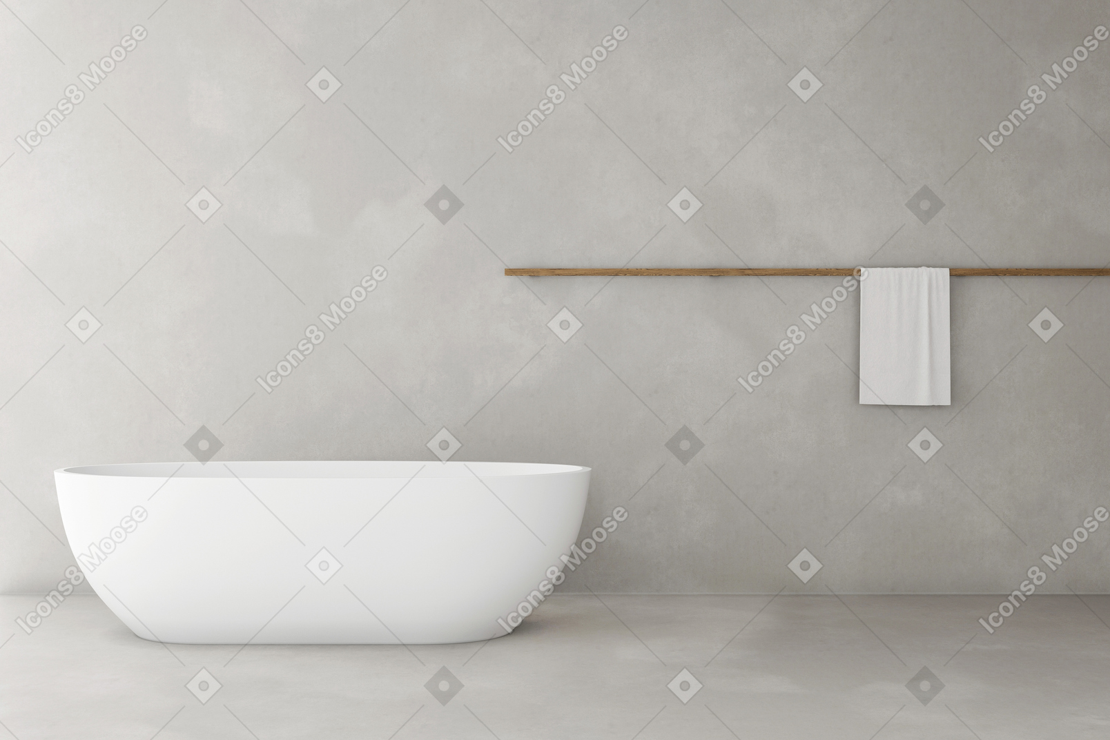 Cuarto de baño minimalista con bañera y toalla en un estante