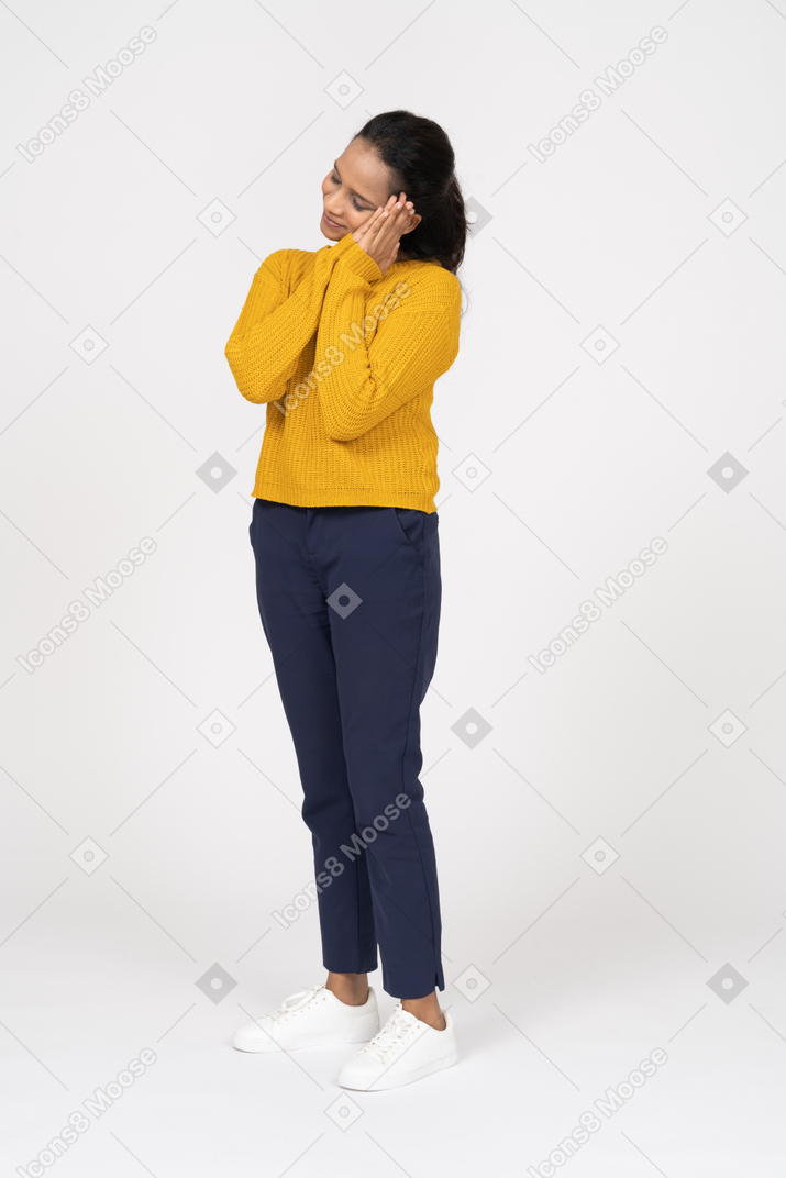 Front view of a sleepy girl in casual clothes