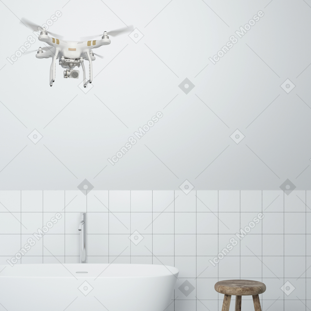Drone voando em um banheiro